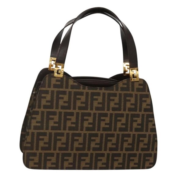 FENDI Zucca Canvas Hand Bag Brown Black gold Auth MX208V - Picture 1 of 16